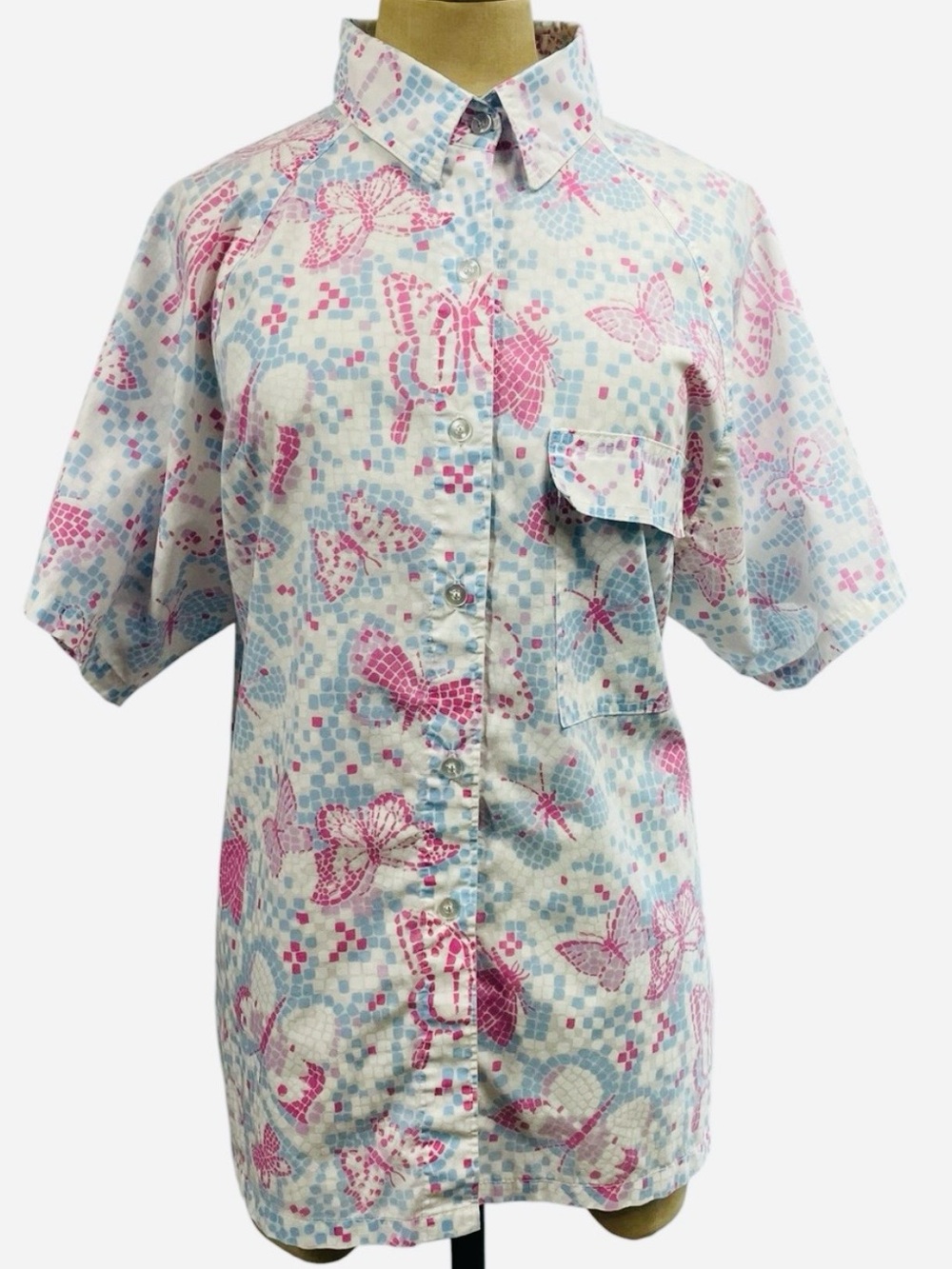 VTG Key West Hand Print Mosaic Butterfly Shirt LG Pink Zuzek Pulitzer Coastal